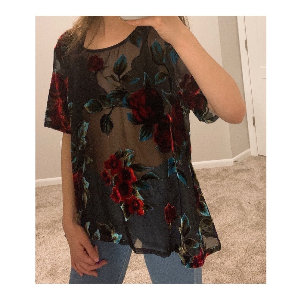 Karen Kane, velvet floral see-through shirt